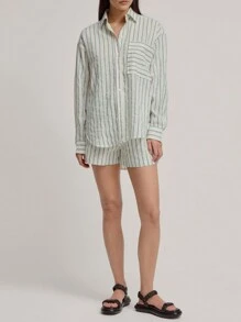 Women's Striped Outfit, Loose Lapel Neck Long Sleeve Button Down Shirt Shorts With Pockets 2 Piece Causal Set For Spring Summer - Blue - View 3