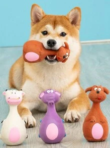 1pc Bite-Resistant Squeaky Latex Dog Toy - Adorable Cartoon Puppy Chew Toy, Essential Pet Amusement! Cartoon Style, Multicolor, Bone Shape, Details, Squeaking Function, Great For Daily Play/Training/Holiday Celebration