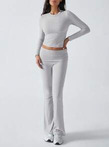 Women's Two Pieces Autumn Outfit Y2K Sporty Casual Home Daily Solid Color Round-Neck Long-Sleeved T-Shirt Fitted Long Pants Set
