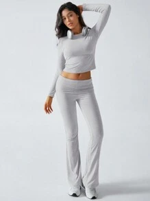 Women's Two Pieces Autumn Outfit Y2K Sporty Casual Home Daily Solid Color Round-Neck Long-Sleeved T-Shirt Fitted Long Pants Set