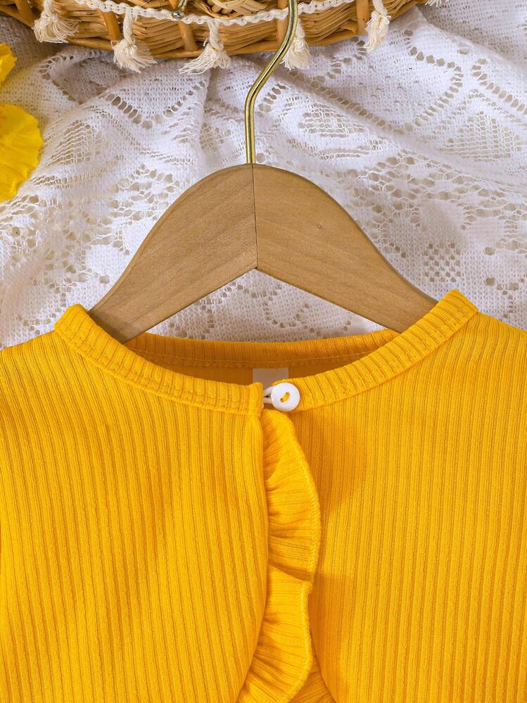 Conjunto de 2 peças Primavera e Outono para Menina Jovem - Jaqueta com Babado Combinada com Vestido Sem Mangas com Estampa Floral, Estilo Fofo e Alegre - Amarelo - Visão 3
