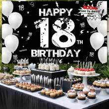 1pc 18th Birthday Party Backdrop Banner, Happy 18th Birthday Black And White Background For Birthday Party, Cake Table Banner, Photo Booth, Party Background Decoration Supplies Gifts