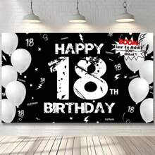 1pc 18th Birthday Party Backdrop Banner, Happy 18th Birthday Black And White Background For Birthday Party, Cake Table Banner, Photo Booth, Party Background Decoration Supplies Gifts
