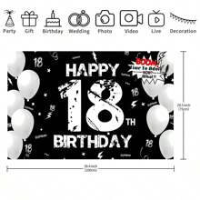 1pc 18th Birthday Party Backdrop Banner, Happy 18th Birthday Black And White Background For Birthday Party, Cake Table Banner, Photo Booth, Party Background Decoration Supplies Gifts