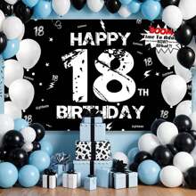 1pc 18th Birthday Party Backdrop Banner, Happy 18th Birthday Black And White Background For Birthday Party, Cake Table Banner, Photo Booth, Party Background Decoration Supplies Gifts