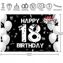 1pc 18th Birthday Party Backdrop Banner, Happy 18th Birthday Black And White Background For Birthday Party, Cake Table Banner, Photo Booth, Party Background Decoration Supplies Gifts