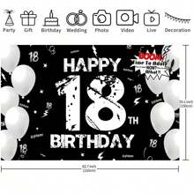 1pc 18th Birthday Party Backdrop Banner, Happy 18th Birthday Black And White Background For Birthday Party, Cake Table Banner, Photo Booth, Party Background Decoration Supplies Gifts