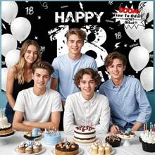 1pc 18th Birthday Party Backdrop Banner, Happy 18th Birthday Black And White Background For Birthday Party, Cake Table Banner, Photo Booth, Party Background Decoration Supplies Gifts