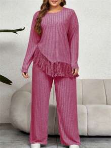 Women Plus Size 2 Piece Outfits Irregular Tassel Long Sleeves Shirt And Elastic Wide Leg Pants Set Streetwear
