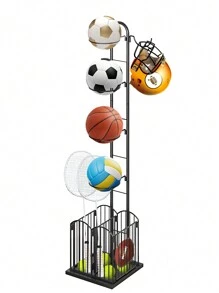 Panier Organiseur de Basket-Ball, Porte Ballon avec Etagere Rangement, Support d'équipement de Sport sur pieds, 25x30x152cm