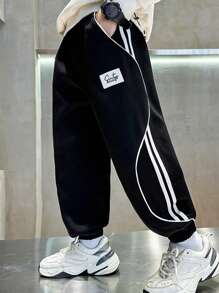 Tween Boys' Casual Drawstring Sweatpants, Loose Knit Joggers, Comfortable Relaxed Fit Sports Pants For School And Outdoor, Suitable For Spring And Autumn - Black - View 8