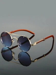 1Pc Women Round Fashion Glasses Stylish Double Bridges Metal Frame Green Glasses Chic Imitation Wood Grain Leg Design Novel Shape Gradient Color Eyeglasses For Daily Use Beach Party Fashion Glasses For Women,Shades For Ladies,Fall Winter Outfits,Beach Accessories,Vintage Retro Y2k Basics Eyeglasses,Business Casual Gifts,Perfect For Everyday Wear,Seaside,Beach,Vacation,Walking,Shopping,Driving,Street Photos For Summer Beach Vacation,Outdoor,Travel