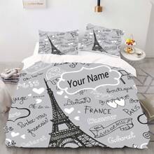 3pcs Customized Name Bedding Set, Graffiti Eiffel Tower Quilt Cover Set - Soft Polyester, Durable Bedding Suit For All Season, Includes 1 Quilt Cover & 2 Pillow Shams (Without Filler), Suitable For Bedroom Decor - Multicolor - View 3