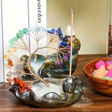 陶瓷玫瑰石英水晶树香炉，瀑布回流香架，适用于瑜伽、冥想和家居装饰、空气净化器，是送给妈妈的理想礼物 - 水晶樹彎曲款 - 查看 7