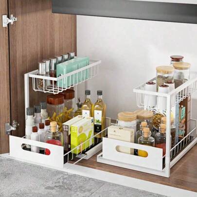 1ชิ้น - Deluxe 2-Tier L-Shape Pull-Out Sliding Cabinet Organizer - Pull Out Cabinet Organizer, ชั้นวางของในตู้, ที่เก็บของใต้ซิงค์สำหรับตู้ครัว ห้องน้ำ, เพิ่มพื้นที่เก็บของใต้ซิงค์ให้สูงสุด, ชั้นวางอเนกประสงค์สำหรับตู้ครัวและห้องน้ำ, ติดตั้งง่าย