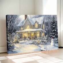 Decoración de arte de pared de lienzo navideño, impresión de pintura de escena de bosque nevado de invierno para decoración de habitación, póster de muñeco de nieve navideño para el hogar, casa campestre navideña