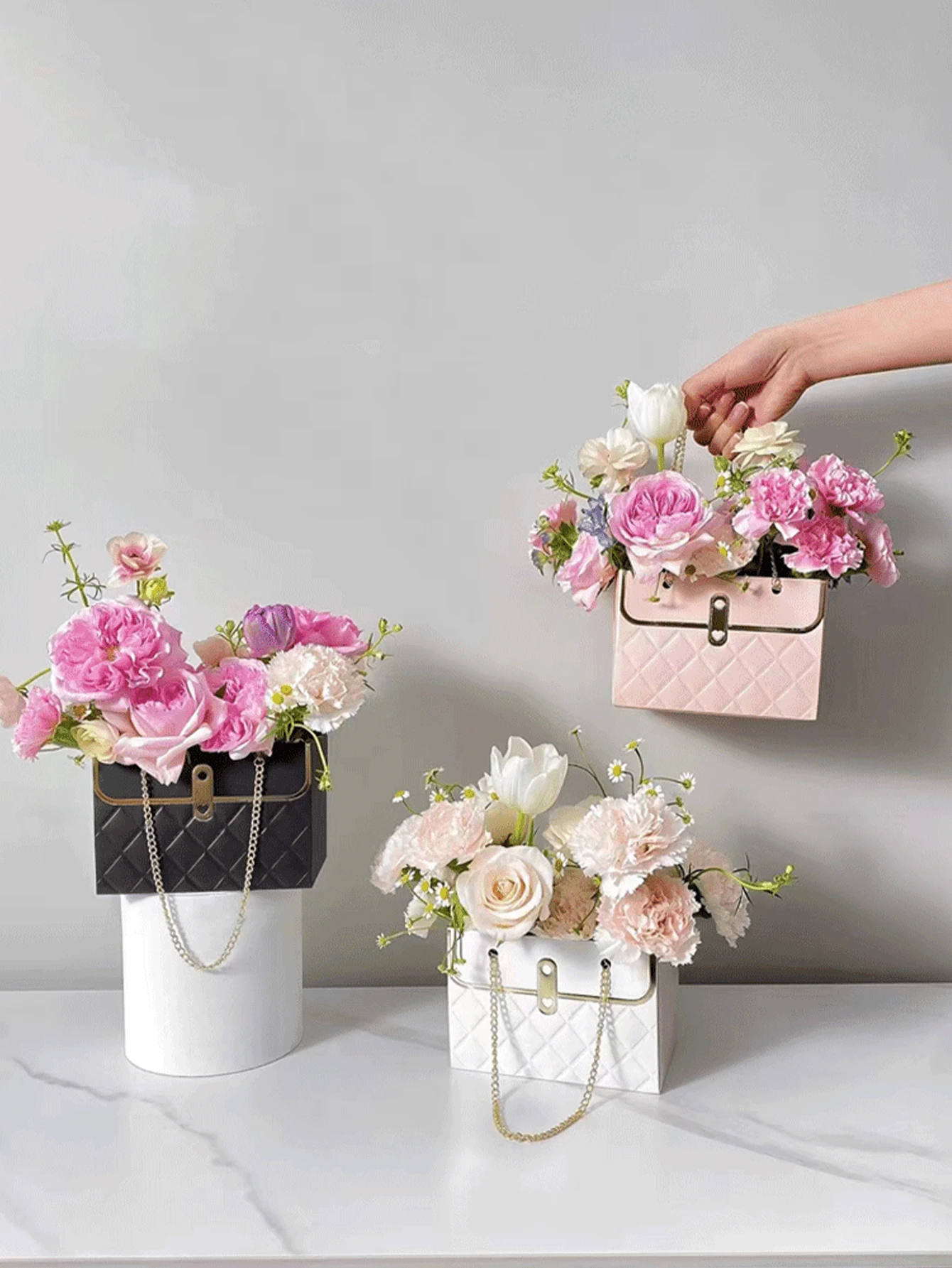 2 piezas de bolsas de regalo florales de papel impermeable, con asas, totes con cadena metálica rectangular, adecuadas para floristas, bodas, fiestas, cumpleaños