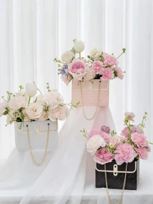 2 piezas de bolsas de regalo florales de papel impermeable, con asas, totes con cadena metálica rectangular, adecuadas para floristas, bodas, fiestas, cumpleaños