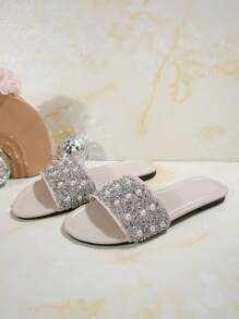 2025 New Arrival Women Slippers, Square Heel Flat Round Toe Rhinestone & Faux Pearl Decorated, Plus Size, Luxury Casual Non-Slip Sandals, Versatile Valentines - Beige - View 7