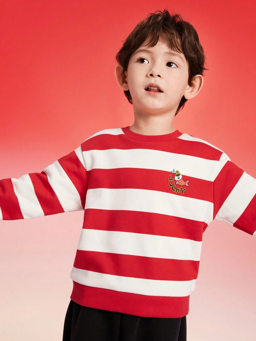 Balabala Kids' Striped Sweatshirt, Boys' & Girls' Loose Fleece Pullover, New Year - Red and White - View 1