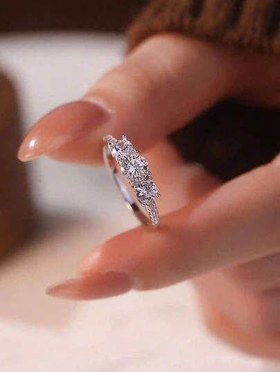 ESBERRY 1 Pieza Anillo de boda de Banda de Eternidad de Anillo de Compromiso de Anillo de Promesa de Mujeres de Joyería Fina de Regalo de Plata de Ley 925 con Tres Circonitas