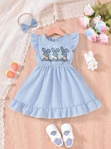 Set de 2 piezas de vestido con diadema para fiesta de Pascua de niñas bebé, con bordado de conejo y a cuadros