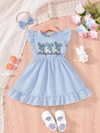 Set de 2 piezas de vestido con diadema para fiesta de Pascua de niñas bebé, con bordado de conejo y a cuadros