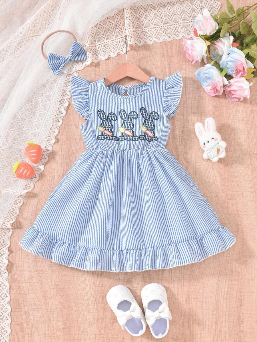 Set de 2 piezas de vestido con diadema para fiesta de Pascua de niñas bebé, con bordado de conejo y a cuadros