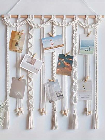 1 pieza, Expositor de fotos de pared de macramé con pinzas, marco de fotos collage estilo bohemio con cuentas de madera, guirnalda de fotos con pinzas, regalo para dormitorio, apartamento, sala de estar, aula
