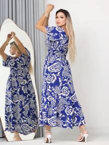 WOMEN'S LONG MIDI DRESS WITH PUFFED SLEEVES AND RUFFLES, OFF-THE-SHOULDER, TRES MARIAS - Navy Blue - View 1