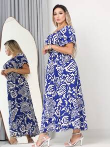 WOMEN'S LONG MIDI DRESS WITH PUFFED SLEEVES AND RUFFLES, OFF-THE-SHOULDER, TRES MARIAS - Navy Blue - View 2