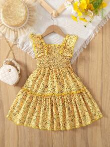 Young Girl Sleeveless Ruffle Hem Floral Print Dress, Summer - Yellow - View 3