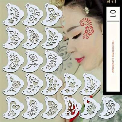 20 Folhas de Stencils para Pintura Facial e Corporal, Stencils de Maquiagem com Fechamento de Metal para Maquiagem de Festa e Festival, Ideal para Posicionamento de Sombra de Olho e Maquiagem Festiva, Maquiagem, Barato, Decoração de Quarto, Penteadeira, Viagem, Quarto, Acessórios de Maquiagem