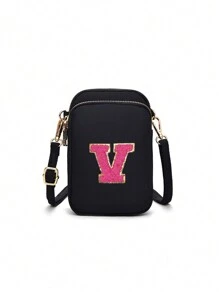 Bolso bandolera que se puede personalizar con su propio nombre, número de la suerte, letra y texto, con 26 parches de letras para DIY, un bolso clásico y versátil que se vende a gran escala, con un diseño de cremallera de tres capas que puede contener teléfonos móviles, monedas, etc., bolso bandolera de moda casual PC apto para chicas, viajes, vuelta al colegio, regalos, con bolsillo vertical para teléfono móvil y monedas - Cremallera negra de tres capas + 5,5 letras rojas rosas - Ver 23