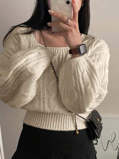 Jersey de punto de manga larga, suéter de punto trenzado de color sólido, ,suéter con cuello cuadrado y mangas farol,top corto de color liso