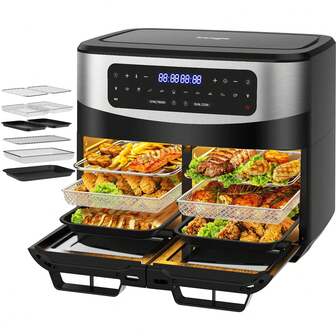  Iceagle Heißluftfritteuse Dual Zone Airfryer 12L - Heissluftfriteuse Doppelkammer XXL Friteuse mit Sichtfenster, LED Touchscreen, 10 Programmen, Sync Finish & Dual Cook, Dörrer Funktion, 2600W