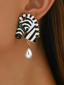 1 对珐琅合金斑马和珍珠耳坠 - 彩色 - 查看 3