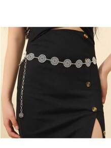 1pc Minimalist Waist Belt For Women, Versatile Fashion Waist Chain With Small Hollow Metal Circle Decor, Suitable For Dresses, Summer Summer, School Fall, Autumn, Halloween - Silver - View 4