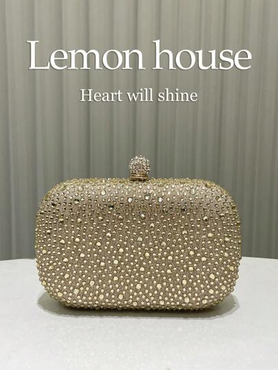 1 件金色金属闪亮水晶迷你手提包，时尚优质优雅手拿包，配有链条肩带，适合晚会、婚礼、正式场合，是送给女性的完美礼物