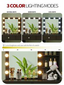 VOWNER Vanity Desk With Power Outlet, Makeup Vanity Table With 10-Bulbs Lighted Mirror, 3 Color Lights Modes, 2 Drawers & 6-Drawer Dresser For Storage, Vanity Set Gifts For Grils Women, Halloween & Thanksgiving - màu đen - Xem 3