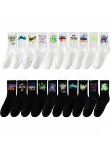 5 pares de calcetines de tubo medio aleatorios para hombres y mujeres de estilo callejero. Calcetines de tripulación cómodos y personalizados con estampados de colores