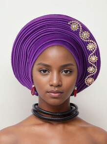 1pc African Style Head Wrap With Layered Bejeweled Edge Head WrapAccents, Laminated Strap Cap, Traditional African Turban Hat For Women Personalized Elastic Headwear