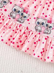 2pcs/Set Young Girl Casual Kitty Allover Print Top & Dotted Skirt Set, Spring/Summer - Pink - View 6
