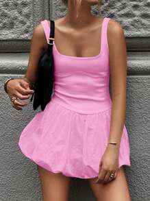 Women's Mini Tank Dress Square Neck Sleeveless Backless A-Line Solid Color Puffball Dress For Party Club