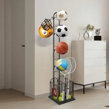 Panier Organiseur de Basket-Ball, Porte Ballon avec Etagere Rangement, Support d'équipement de Sport sur pieds, 25x30x152cm