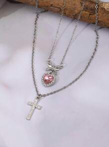 2pcs Fashionable Luxury Rhinestone Cross, Bow-Knot, Heart Pendant Necklaces, Simple Multi-Layer Versatile Jewelry For Women Valentines,Mom,Mother,Mother's Day,Gift - Pink - View 2