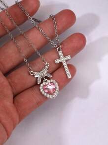 2pcs Fashionable Luxury Rhinestone Cross, Bow-Knot, Heart Pendant Necklaces, Simple Multi-Layer Versatile Jewelry For Women Valentines,Mom,Mother,Mother's Day,Gift - Pink - View 3