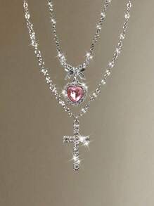 2pcs Fashionable Luxury Rhinestone Cross, Bow-Knot, Heart Pendant Necklaces, Simple Multi-Layer Versatile Jewelry For Women Valentines,Mom,Mother,Mother's Day,Gift - Pink - View 1