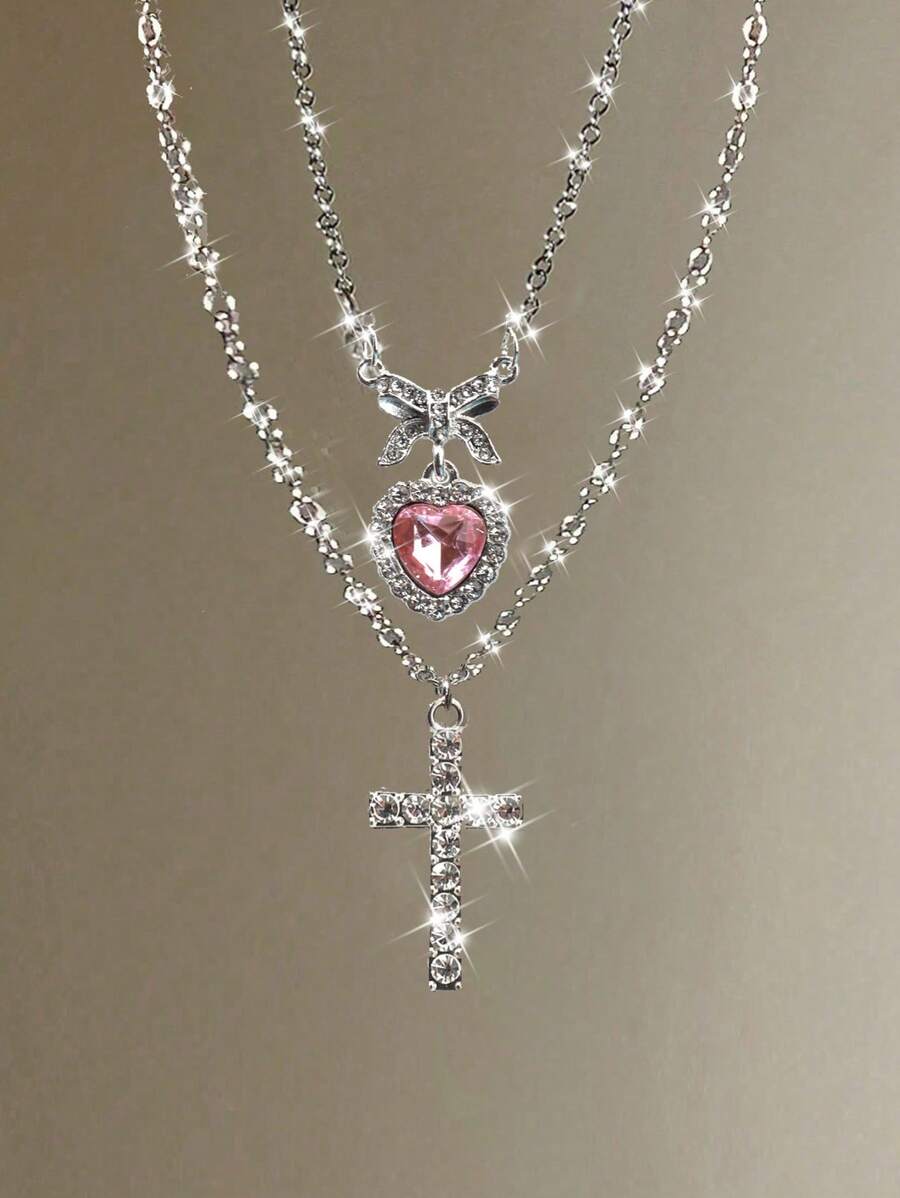 2pcs Fashionable Luxury Rhinestone Cross, Bow-Knot, Heart Pendant Necklaces, Simple Multi-Layer Versatile Jewelry For Women Valentines,Mom,Mother,Mother's Day,Gift - Pink - View 1