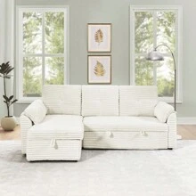 Corduroy Tufted Upholstered Sleeper Sectional Sofa L-Shaped Modular Convertible Sofa With Storage Chaise Pull Out Sleep Couch Bed And Reclining Backrest Perfect For Living Space Beige